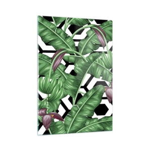 Quadro su vetro - Foglie e fiori tropicali su uno sfondo con motivo geometrico bianco e nero - 50x70cm - Composizione simmetrica con la natura - Decorazione murale moderna per soggiorno e camera da letto ARTTOR