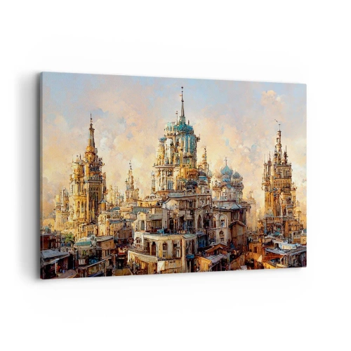 Quadro su tela - Stampe su Tela - Torri architettoniche nei raggi del sole al tramonto - 120x80cm - La città delle città - Decorazione murale moderna per soggiorno e camera da letto ARTTOR