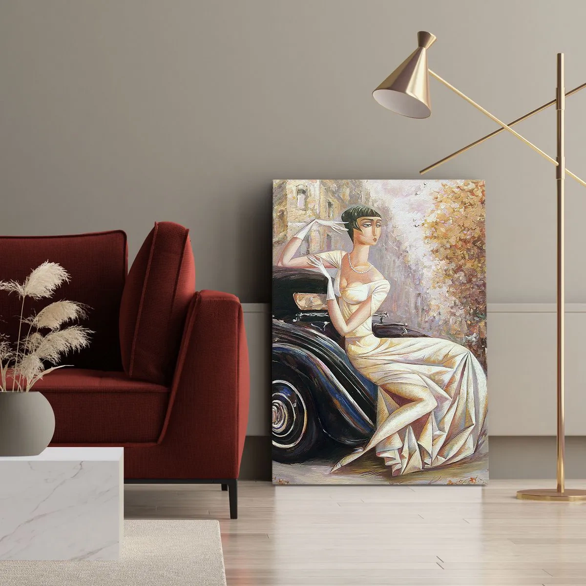 Quadro su tela - Stampe su Tela - Donna retrò accanto a un'auto d'epoca - 50x70cm - Eleganza in stile retro - Decorazione murale moderna per soggiorno e camera da letto ARTTOR