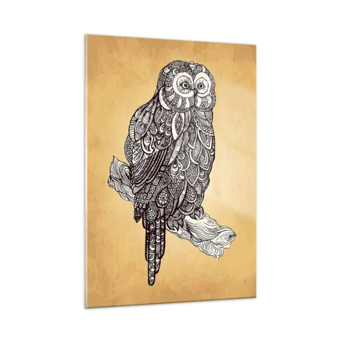 Quadro su vetro - Gufo in stile ornamentale su sfondo seppia - 50x70cm - Delicati ghirigori di saggezza - Decorazione murale moderna per soggiorno e camera da letto ARTTOR