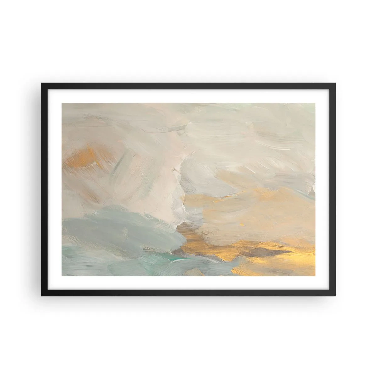 Poster in cornice nera - Delicati tratti astratti nei toni del bianco e dell'oro - 70x50cm - Astrazione: il paese della mitezza - Decorazione murale moderna per soggiorno e camera da letto ARTTOR
