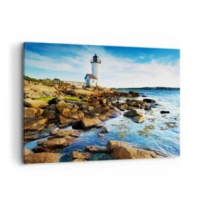 Quadro su tela - Stampe su Tela - Un faro su una costa rocciosa in una giornata di sole - 100x70cm - Tornate sani e salvi, vi aspetto - Decorazione murale moderna per soggiorno e camera da letto ARTTOR