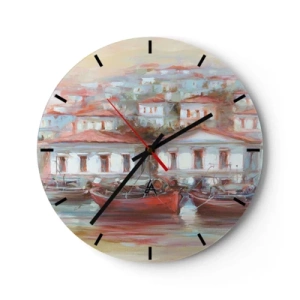 Orologio da parete - Orologio in Vetro - Un pittoresco porto con barche e architettura mediterranea - 30x30cm - Cittadina felice - Decorazione murale moderna per soggiorno, cucina e camera da letto ARTTOR