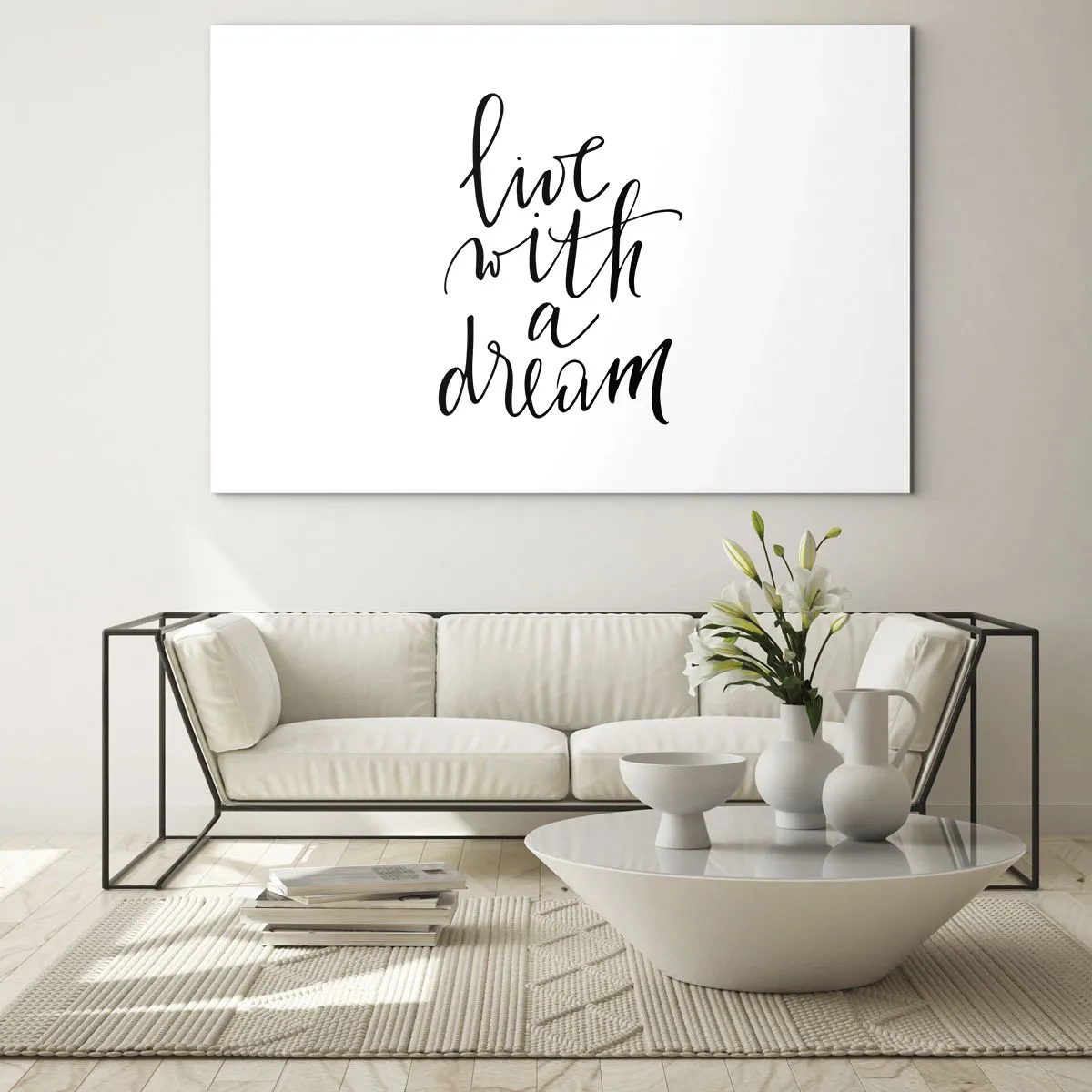 Quadro su vetro - Citazione "Vivi con un sogno" in elegante calligrafia - 70x50cm - Of course - Decorazione murale moderna per soggiorno e camera da letto ARTTOR