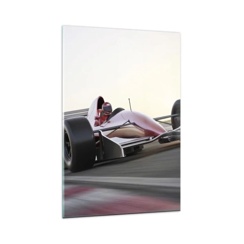 Quadro su vetro - Una macchina rossa di Formula 1 su una pista da corsa mentre guida - 80x120cm - Sempre vincente - Decorazione murale moderna per soggiorno e camera da letto ARTTOR