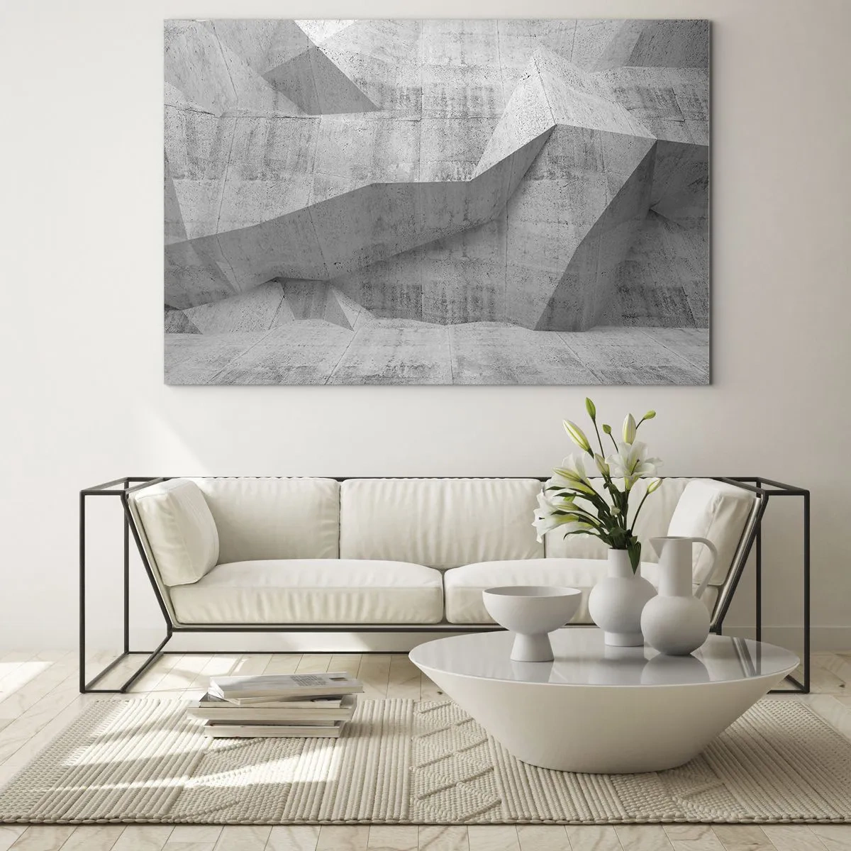 Quadro su vetro - Struttura geometrica in cemento nei toni del grigio - 100x70cm - Una vera sfida - Decorazione murale moderna per soggiorno e camera da letto ARTTOR