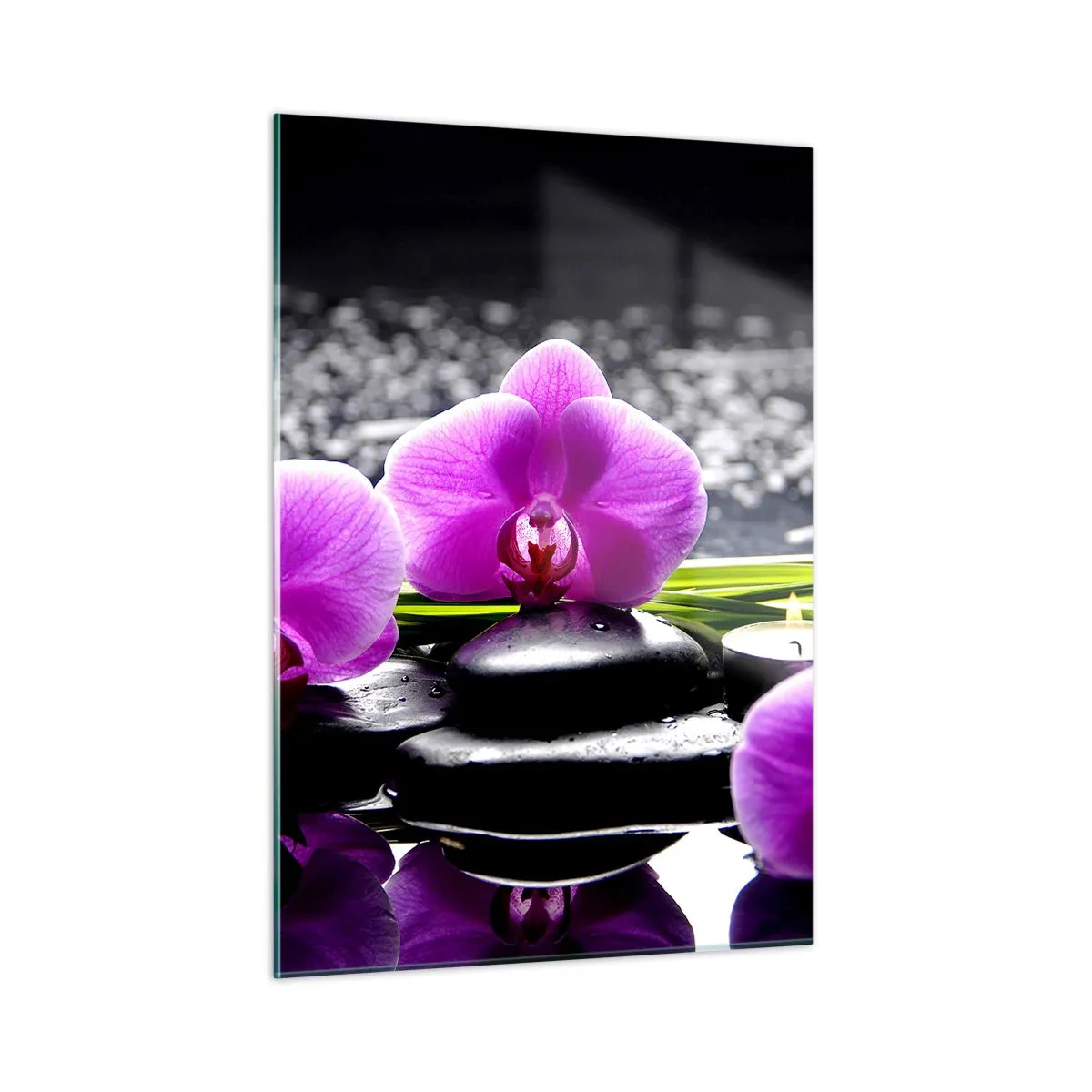 Quadro su vetro - Orchidee viola con pietre e candele su uno sfondo d'acqua - 50x70cm - Annegare nel silenzio e nella pace - Decorazione murale moderna per soggiorno e camera da letto ARTTOR