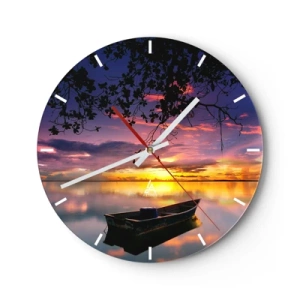 Orologio da parete - Orologio in Vetro - Una barca su un lago alla luce del sole al tramonto - 30x30cm - Ti sembra di essere sospeso nel cielo... - Decorazione murale moderna per soggiorno, cucina e camera da letto ARTTOR