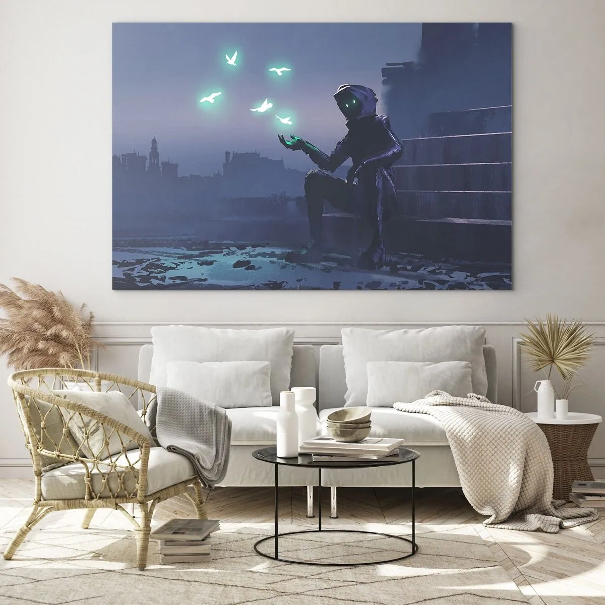 Quadro su vetro - Una figura nell'oscurità circondata da uccelli verdi fluttuanti - 70x50cm - La vita ritorna - Decorazione murale moderna per soggiorno e camera da letto ARTTOR