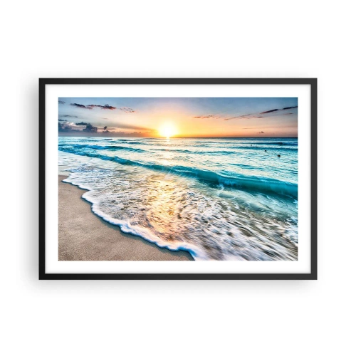 Poster in cornice nera - Alba su una spiaggia tranquilla con onde - 70x50cm - Tramonto sul mare - Decorazione murale moderna per soggiorno e camera da letto ARTTOR