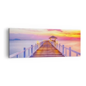 Quadro su tela - Stampe su Tela - Un molo sull'acqua al tramonto in colori pastello - 140x50cm - Silenzio della sera in lilla e oro - Decorazione murale moderna per soggiorno e camera da letto ARTTOR