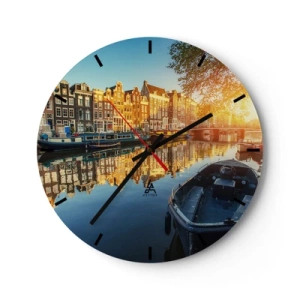 Orologio da parete - Orologio in Vetro - Canale cittadino al tramonto - 30x30cm - L'alba ad Amsterdam - Decorazione murale moderna per soggiorno, cucina e camera da letto ARTTOR