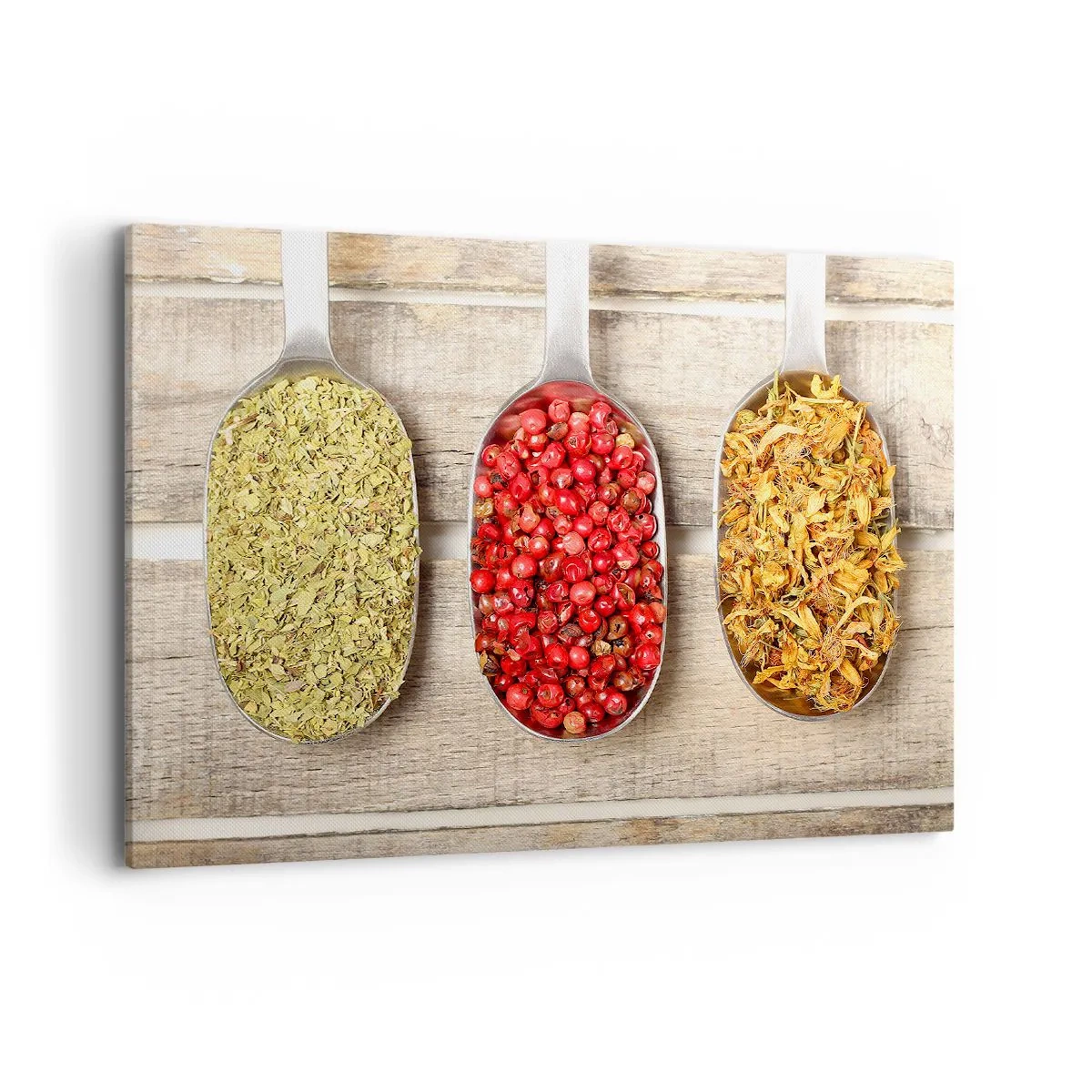 Quadro su tela - Stampe su Tela - Tre cucchiai di metallo con spezie su uno sfondo di legno - 100x70cm - Magia in cucina - Decorazione murale moderna per soggiorno e camera da letto ARTTOR