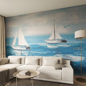 Fotomurali Premium Sand - Due barche a vela su un mare blu calmo - 100x70cm - Con un amico al fianco - Decorazione murale moderna per soggiorno e camera da letto ARTTOR