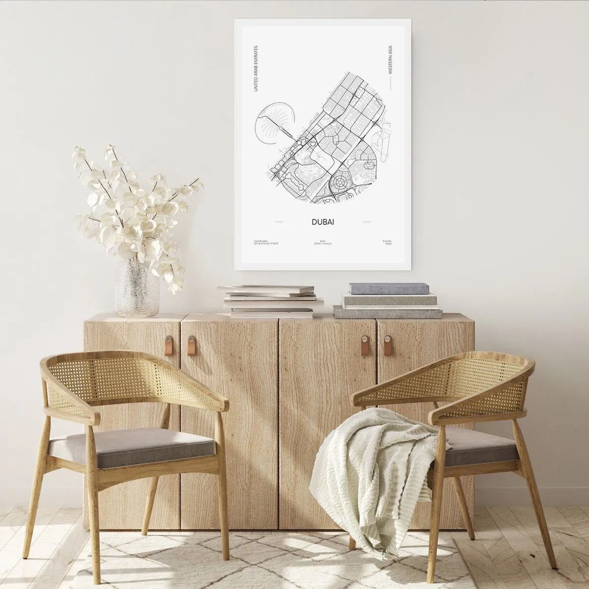 Poster - Mappa minimalista in bianco e nero di Dubai - 50x70cm - Anatomia di Dubai - Decorazione murale moderna per soggiorno e camera da letto ARTTOR