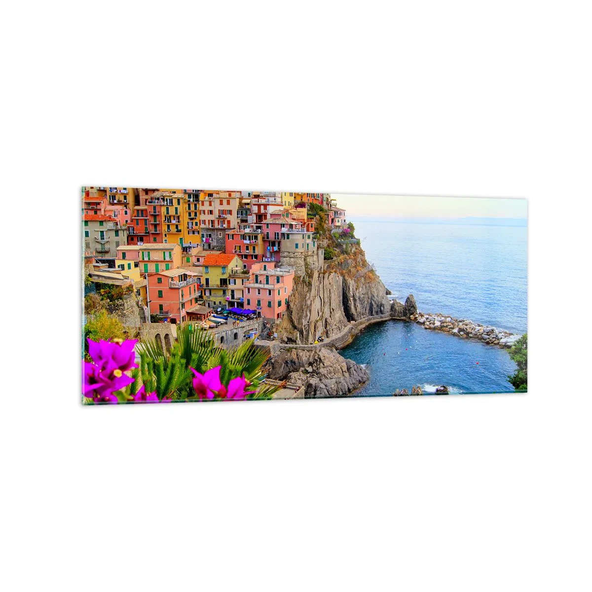 Quadro su vetro - Case colorate su una scogliera a picco sul mare in un paesaggio pittoresco - 120x50cm - La città che ride - Decorazione murale moderna per soggiorno e camera da letto ARTTOR