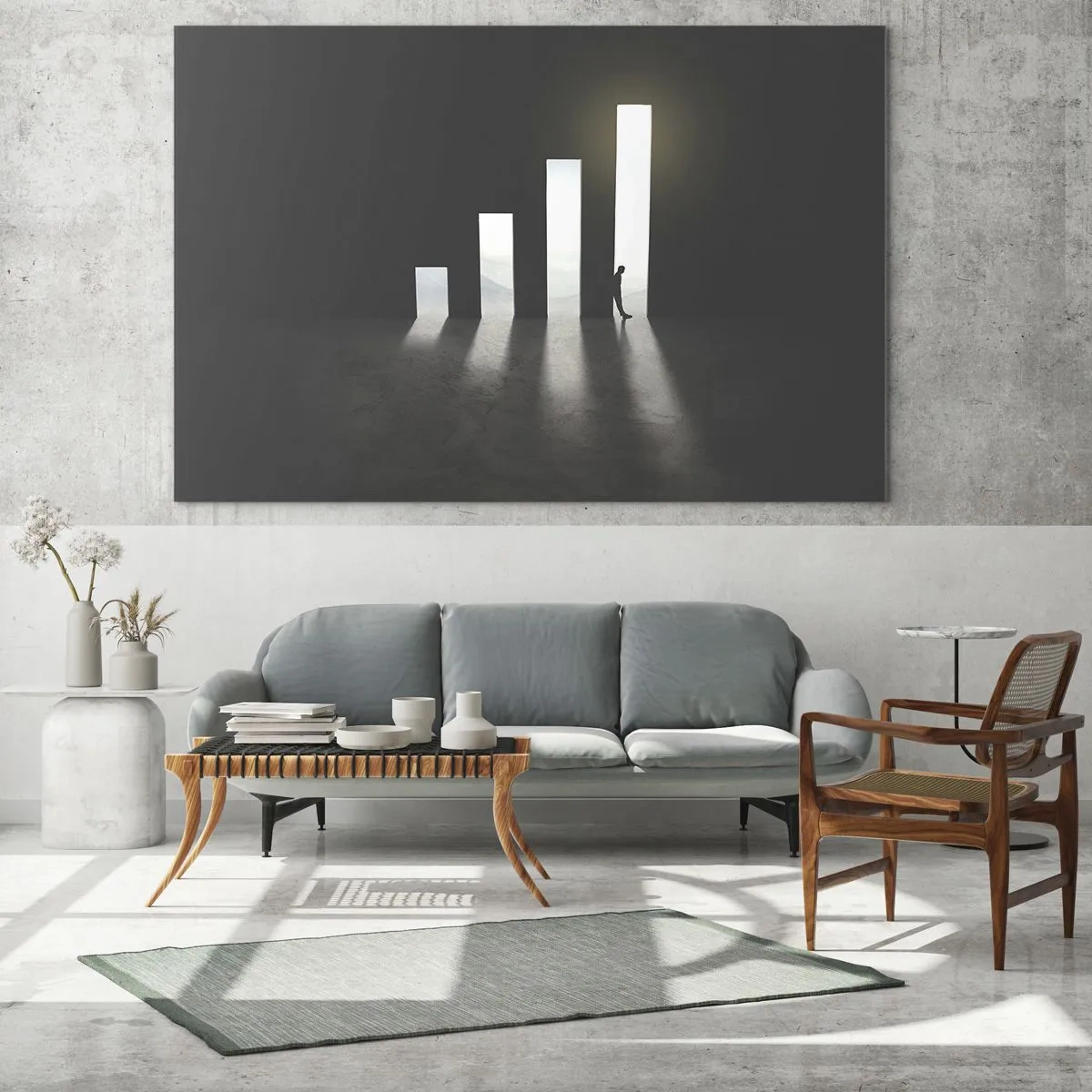 Quadro su vetro - L'uomo alla luce della crescita che simboleggia lo sviluppo - 70x50cm - Successo - impressione - Decorazione murale moderna per soggiorno e camera da letto ARTTOR