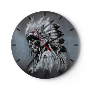 Orologio da parete - Orologio in Vetro - Ritratto di un guerriero con un copricapo piumato su uno sfondo grigio - 30x30cm - Ritorno alle radici - Decorazione murale moderna per soggiorno, cucina e camera da letto ARTTOR