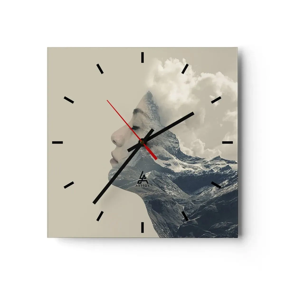 Orologio da parete - Orologio in Vetro - Silhouette di una donna con un paesaggio montano sullo sfondo - 30x30cm - La bellezza degli elementi - Decorazione murale moderna per soggiorno e camera da letto ARTTOR