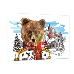 Quadro su vetro - Un orso con maglione e sciarpa, sullo sfondo montagne e una casa. - 120x80cm - La capanna dell'orso - Decorazione murale moderna per soggiorno e camera da letto ARTTOR