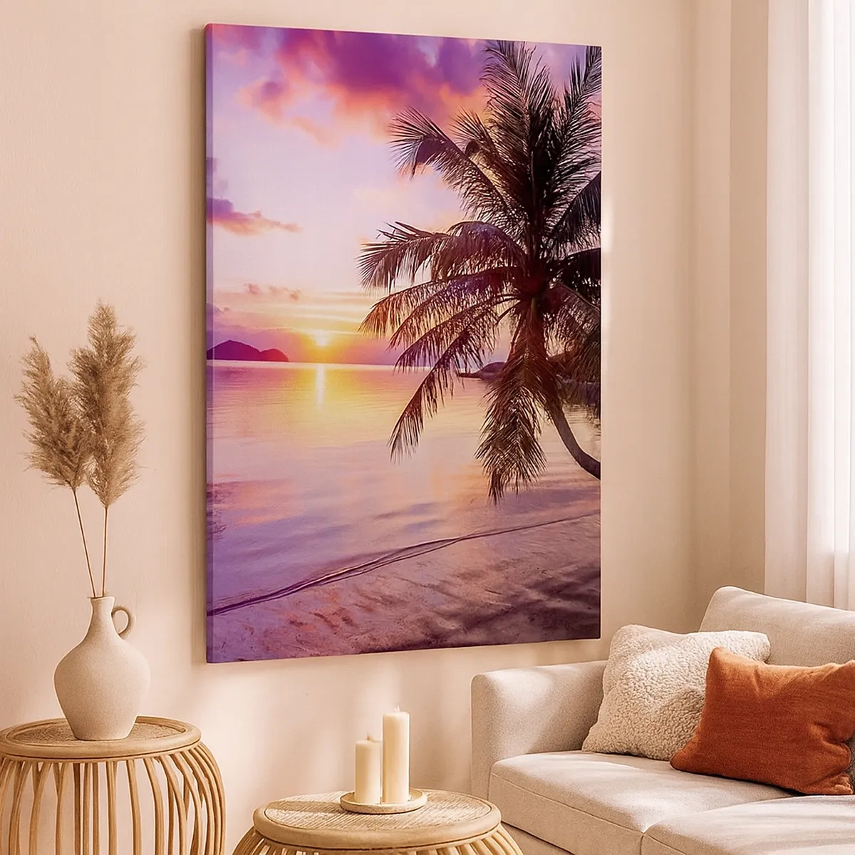 Quadro su tela - Stampe su Tela - Spiaggia tropicale con palme al tramonto - 50x70cm - Beatitudine a perdita d'occhio - Decorazione murale moderna per soggiorno e camera da letto ARTTOR