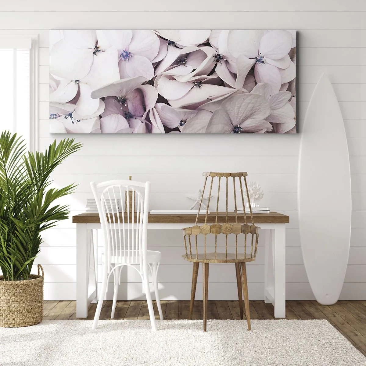 Quadro su tela - Stampe su Tela - Delicate ortensie bianche in tonalità pastello - 120x50cm - Un'alluvione di fiori - Decorazione murale moderna per soggiorno e camera da letto ARTTOR