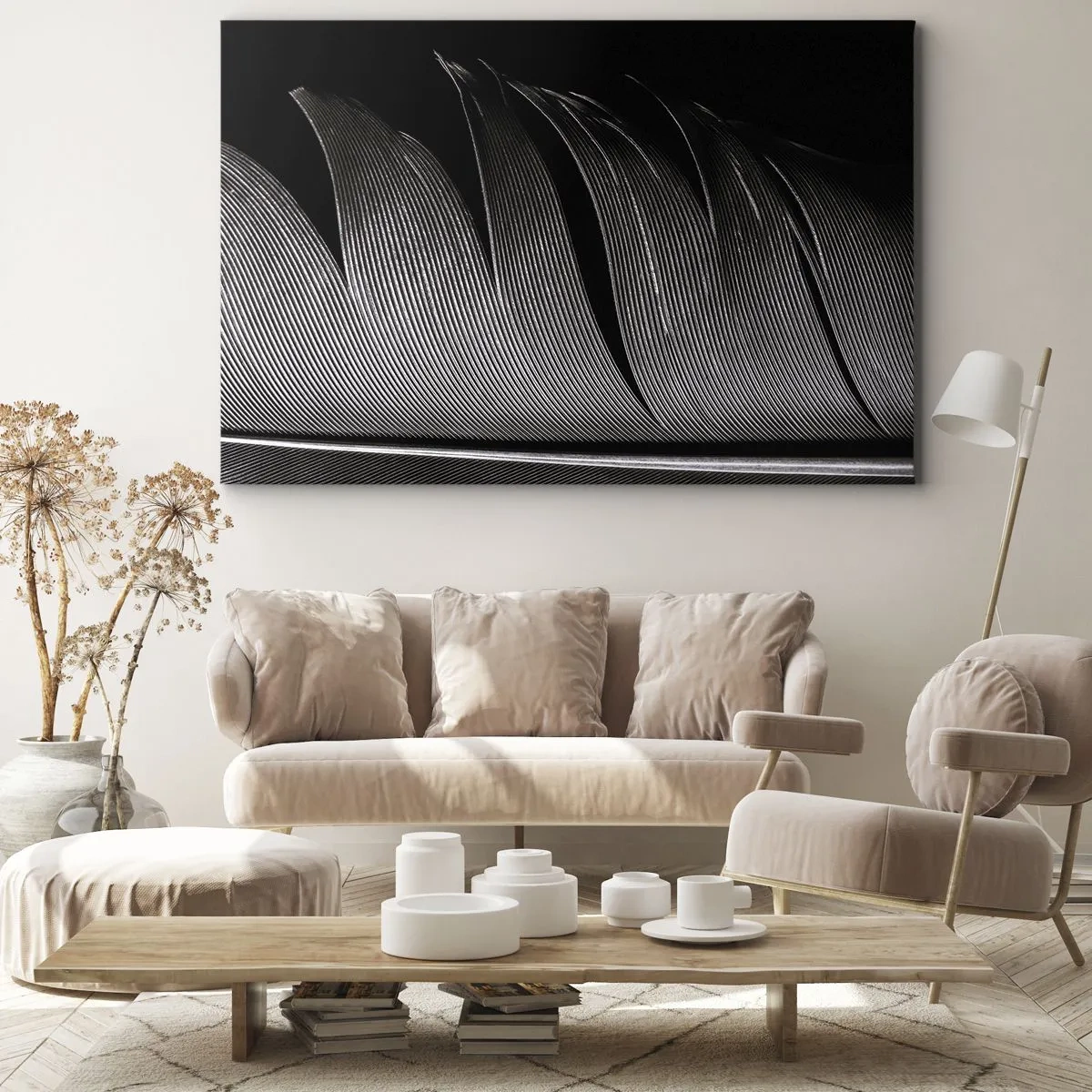 Quadro su tela - Stampe su Tela - Texture di piume bianche e nere in stile minimalista - 70x50cm - Piuma: struttura meravigliosa - Decorazione murale moderna per soggiorno e camera da letto ARTTOR
