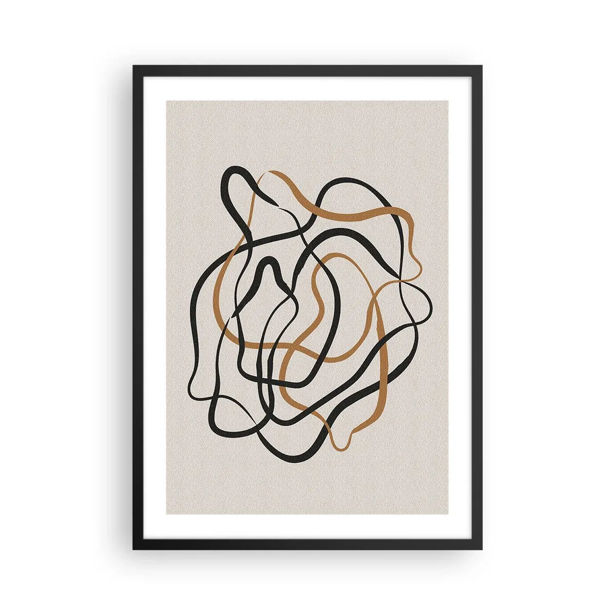Poster in cornice nera - Linee astratte aggrovigliate in nero e oro su beige - 50x70cm - Tutto è andato storto - Decorazione murale moderna per soggiorno e camera da letto ARTTOR