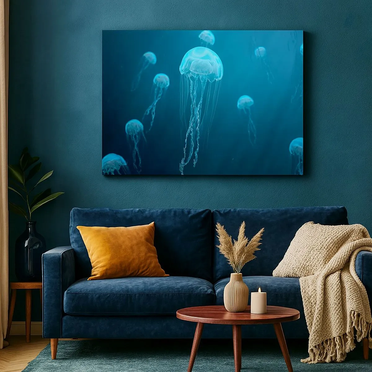 Quadro su tela - Stampe su Tela - Meduse che galleggiano nelle profondità dell'oceano nei toni del blu - 70x50cm - La danza oceanica - Decorazione murale moderna per soggiorno e camera da letto ARTTOR