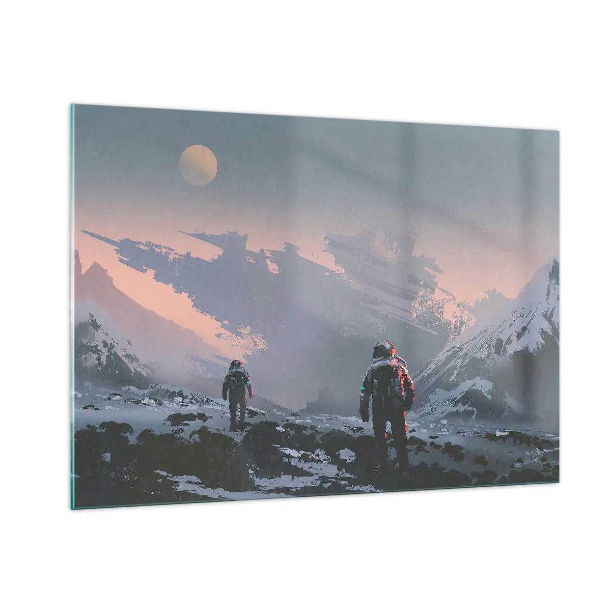 Quadro su vetro - Astronauti su un pianeta alieno con un relitto sullo sfondo - 100x70cm - Sotto una stella sconosciuta - Decorazione murale moderna per soggiorno e camera da letto ARTTOR