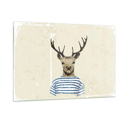 Quadro su vetro - Grafica di un cervo con una camicia da marinaio su uno sfondo chiaro - 120x80cm - Mi piacciono le camicie a righe! - Decorazione murale moderna per soggiorno e camera da letto ARTTOR