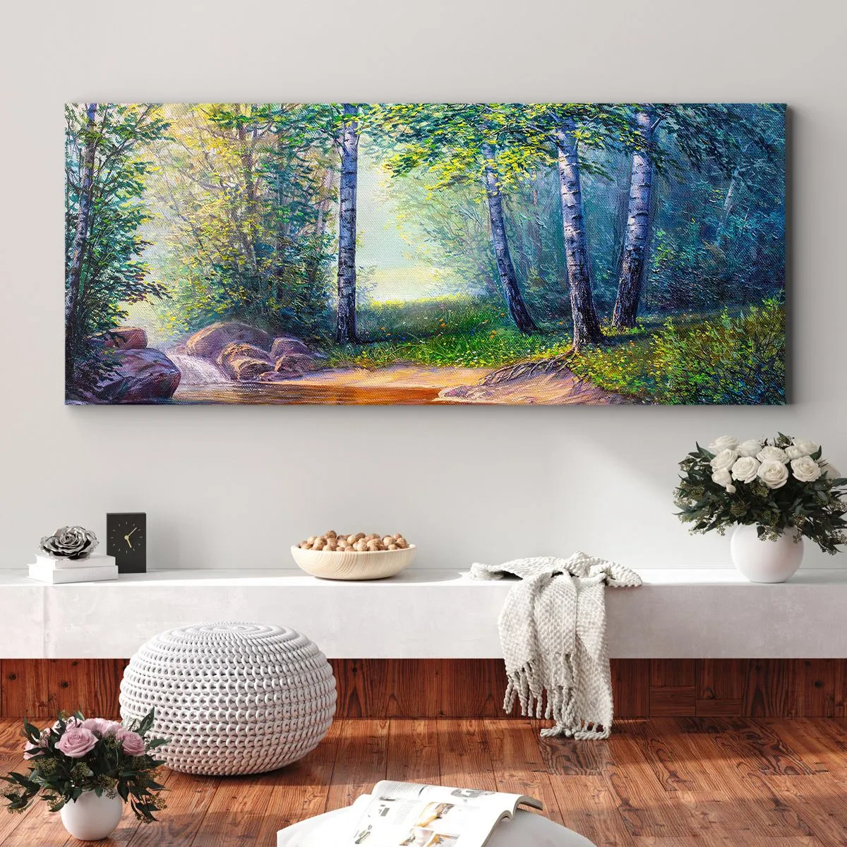 Quadro su tela - Stampe su Tela - Un ruscello nella foresta circondato da betulle e sole - 140x50cm - Scena di beatitudine - Decorazione murale moderna per soggiorno e camera da letto ARTTOR