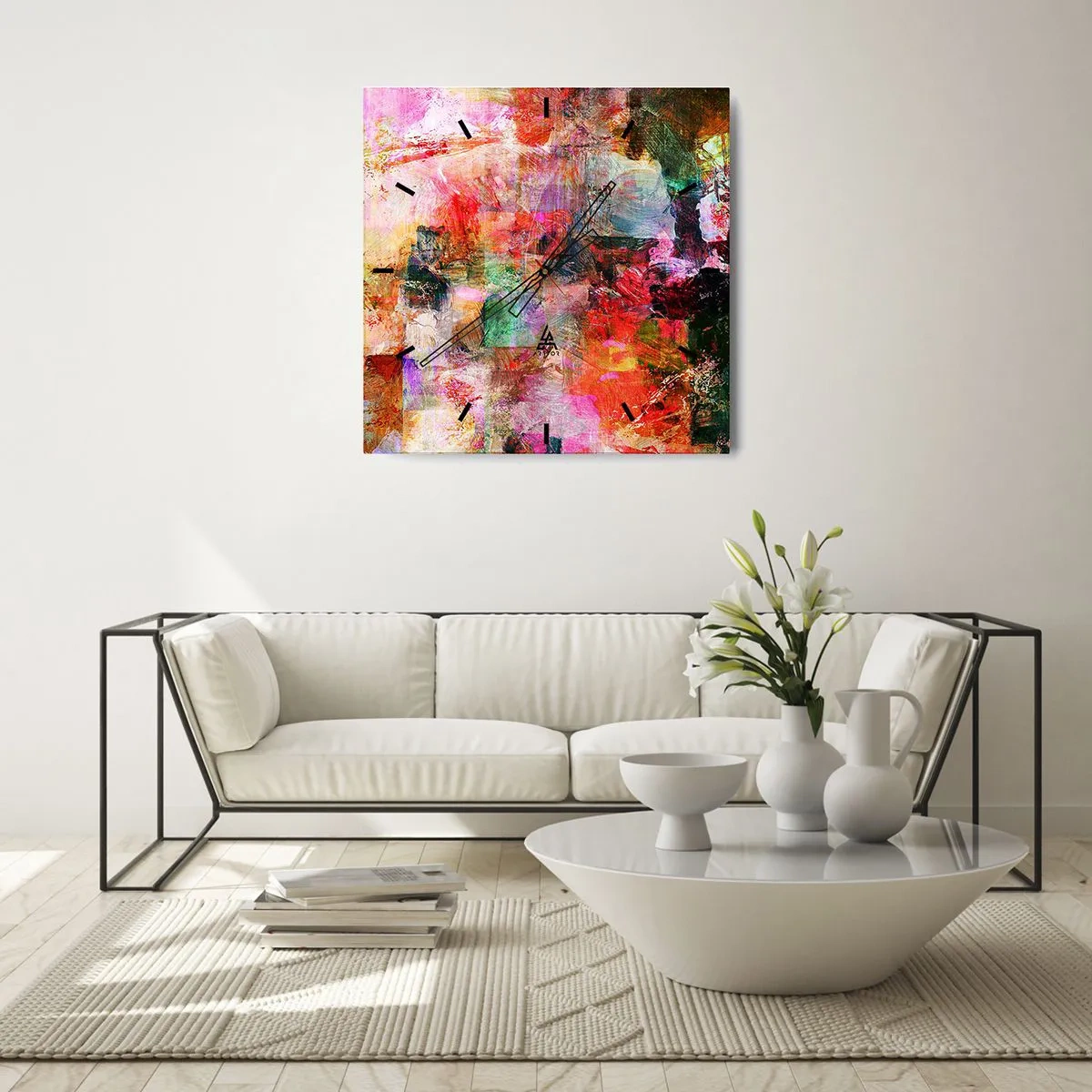 Orologio da parete - Orologio in Vetro - Una composizione astratta con tonalità dominanti di rosa e rosso. - 30x30cm - Viaggio attraverso le rose - Decorazione murale moderna per soggiorno e camera da letto ARTTOR