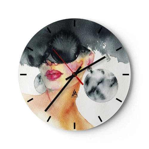 Orologio da parete - Orologio in Vetro - Ritratto di donna con occhiali e grandi orecchini, acquerello - 30x30cm - Il segreto dell'eleganza - Decorazione murale moderna per soggiorno, cucina e camera da letto ARTTOR