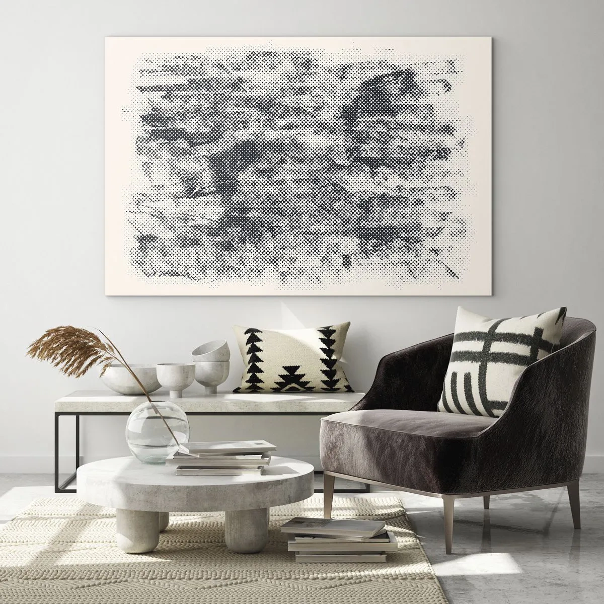 Quadro su vetro - Astrazione in bianco e nero con effetto sfocato - 70x50cm - Composizione nebbiosa - Decorazione murale moderna per soggiorno e camera da letto ARTTOR