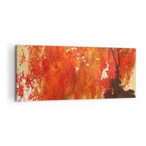 Quadro su tela - Stampe su Tela - Una figura su un'altalena vicino a un albero circondata da foglie rosse - 120x50cm - Voli con noi? - Decorazione murale moderna per soggiorno e camera da letto ARTTOR