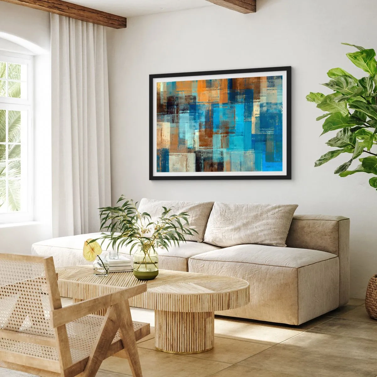 Poster in cornice nera - Attraverso la tenda blu - 91x61 cm