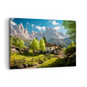 Quadro su tela - Stampe su Tela - Un villaggio di montagna con case e vista sulle Alpi - 120x80cm - Idillio alpino - Decorazione murale moderna per soggiorno e camera da letto ARTTOR