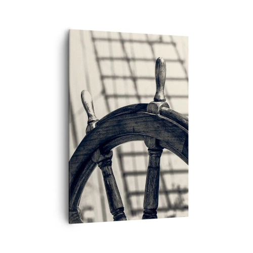 Quadro su tela - Stampe su Tela - Un timone a vela in stile retrò con una nave sullo sfondo - 70x100cm - Racconti del mare - Decorazione murale moderna per soggiorno e camera da letto ARTTOR