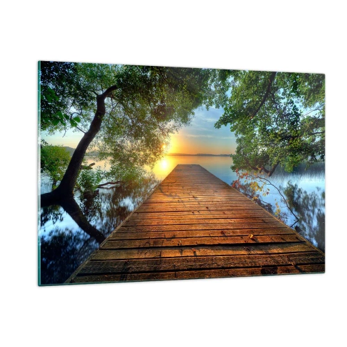 Quadro su vetro - Molo di legno sul lago al tramonto - 120x80cm - Non avere fretta, siediti - Decorazione murale moderna per soggiorno e camera da letto ARTTOR