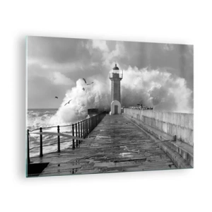 Quadro su vetro - Una foto in bianco e nero di un faro in mezzo alle onde che si infrangono. - 70x50cm - Senza paura - Decorazione murale moderna per soggiorno e camera da letto ARTTOR