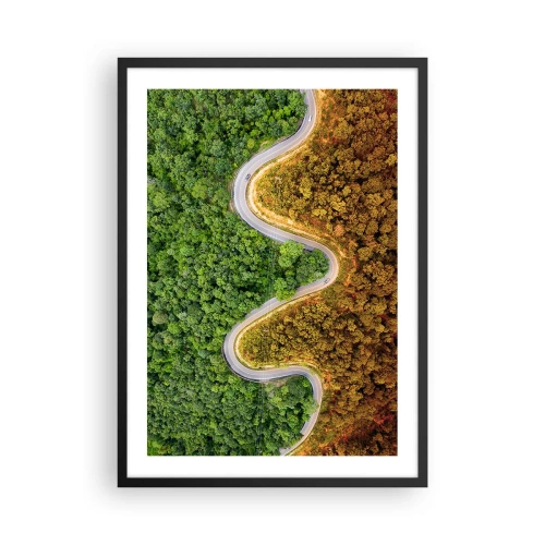 Poster in cornice nera - Una strada che si snoda attraverso una foresta divisa in parti verdi e autunnali - 50x70cm - Confine e separazione - Decorazione murale moderna per soggiorno e camera da letto ARTTOR