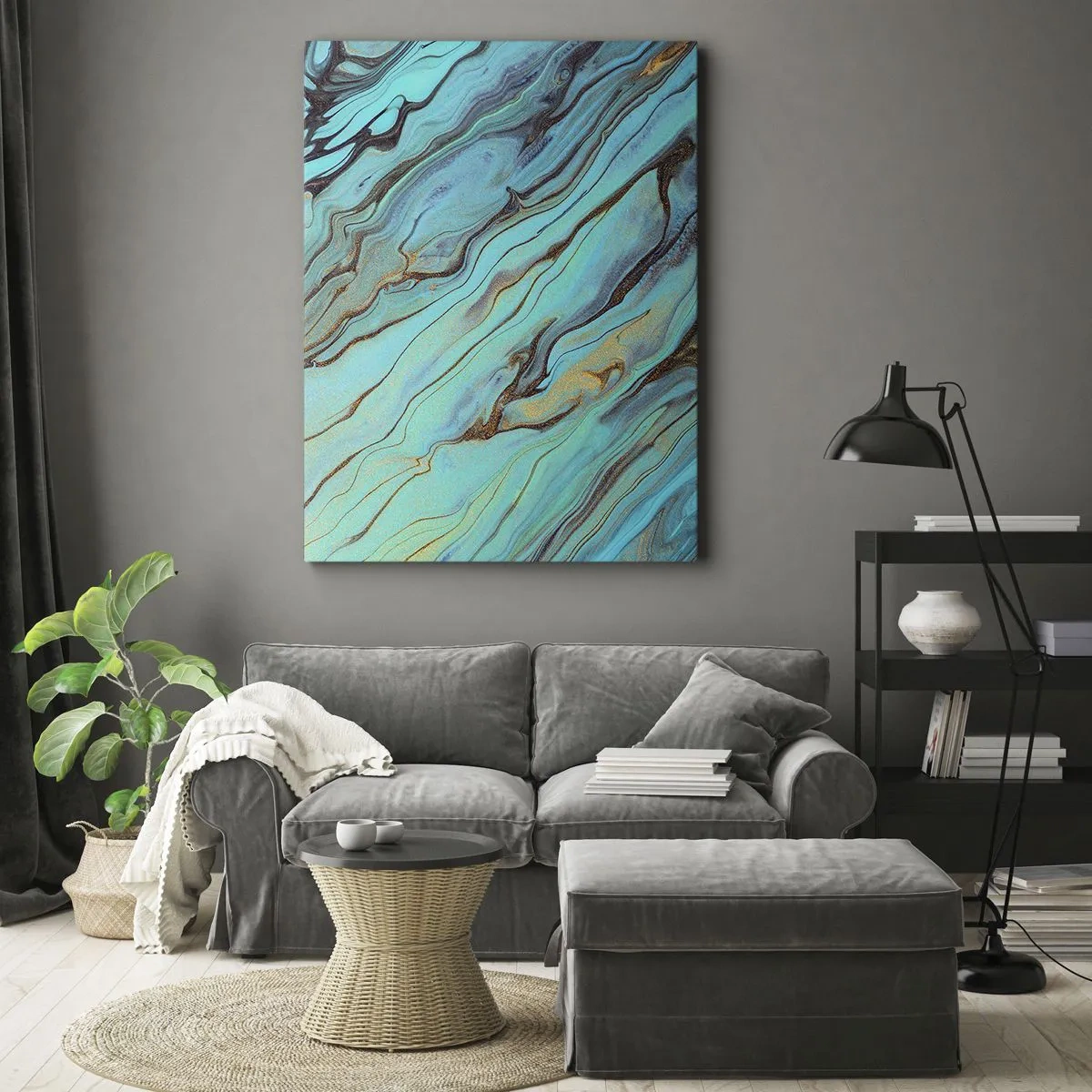 Quadro su tela - Stampe su Tela - Onde astratte nei toni del turchese e dell'oro - 50x70cm - Marea turchese - Decorazione murale moderna per soggiorno e camera da letto ARTTOR