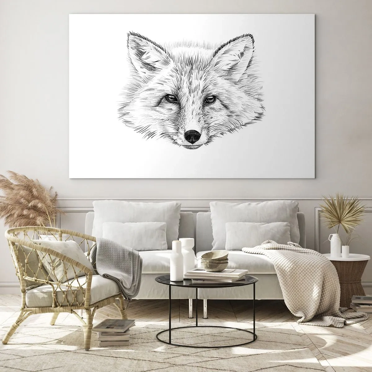 Quadro su vetro - Disegno di una testa di volpe su sfondo bianco - 100x70cm - Questi occhi possono mentire? - Decorazione murale moderna per soggiorno e camera da letto ARTTOR