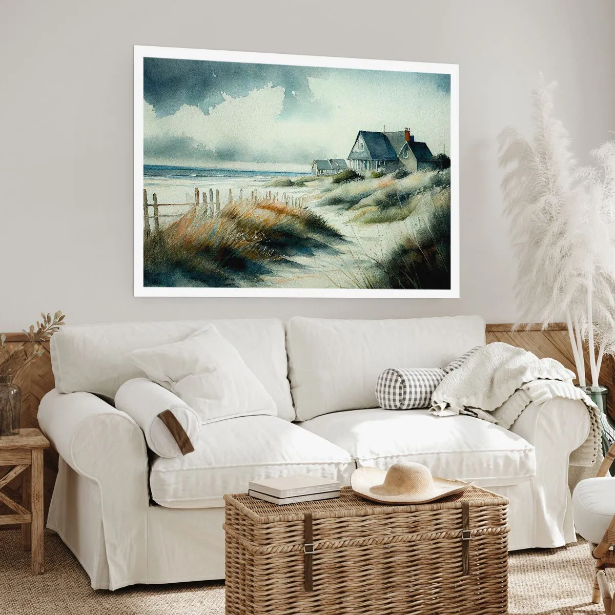 Poster - Una casa al mare circondata dal prato e con vista sul mare - 100x70cm - Lontano dal caos - Decorazione murale moderna per soggiorno e camera da letto ARTTOR