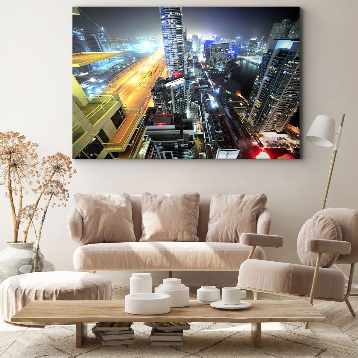 Quadro su tela - Stampe su Tela - Panorama della città notturna con grattacieli illuminati - 120x80cm - Miracolo nel deserto - Decorazione murale moderna per soggiorno e camera da letto ARTTOR