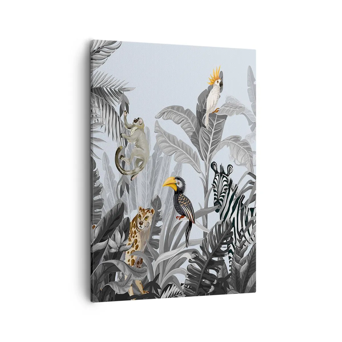 Quadro su tela - Stampe su Tela - Giungla tropicale con animali esotici su sfondo grigio - 50x70cm - Favola africana - Decorazione murale moderna per soggiorno e camera da letto ARTTOR