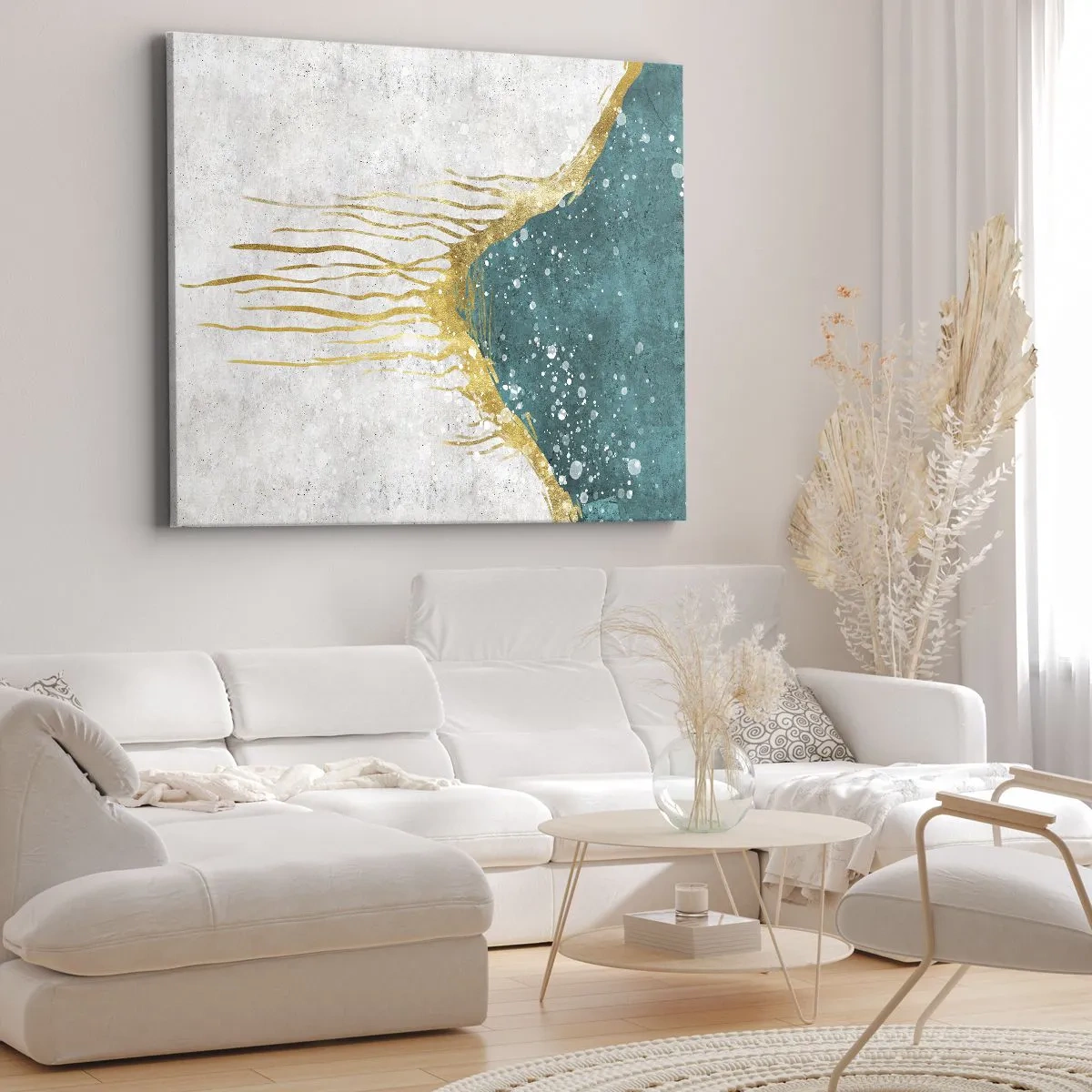 Quadro su tela - Stampe su Tela - Una composizione astratta nei toni dell'oro e del turchese - 100x70cm - Flusso dorato - Decorazione murale moderna per soggiorno e camera da letto ARTTOR