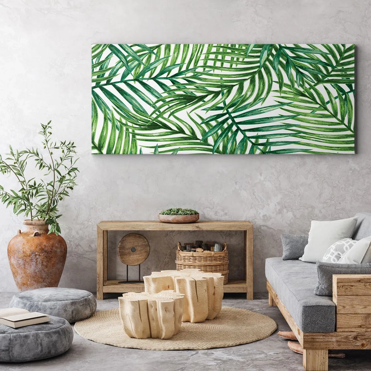 Quadro su tela - Stampe su Tela - Foglie di palma tropicali verdi su sfondo chiaro - 140x50cm - Sotto un baldacchino verde - Decorazione murale moderna per soggiorno e camera da letto ARTTOR
