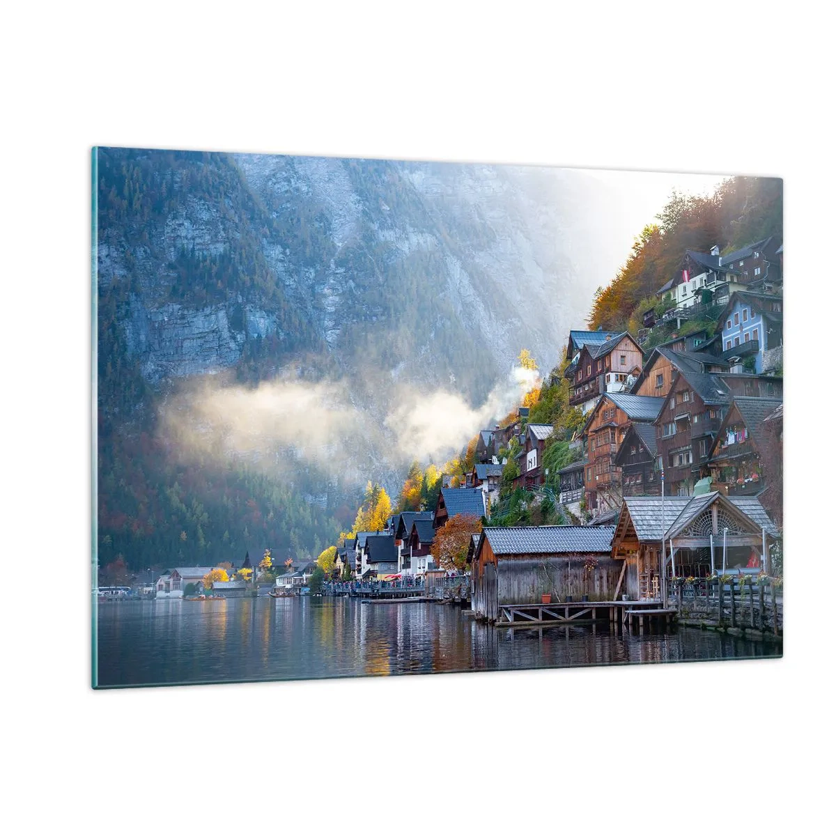 Quadro su vetro - Una mattina d'autunno in una cittadina di montagna in riva a un lago - 120x80cm - Atmosfera alpina - Decorazione murale moderna per soggiorno e camera da letto ARTTOR